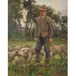 Francis Patrick Martin (1883-1966) Scottish Standing shepherd and his flock Signed, oil on canvas,