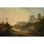 British School (18th/19th century) A view of Durham Cathedral with figures on the river bank Oil