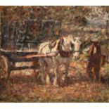 Harry Fidler RBA, ROI (1856-1935) Farmhand leading a grey and cart Signed, oil on canvas, 41cm by