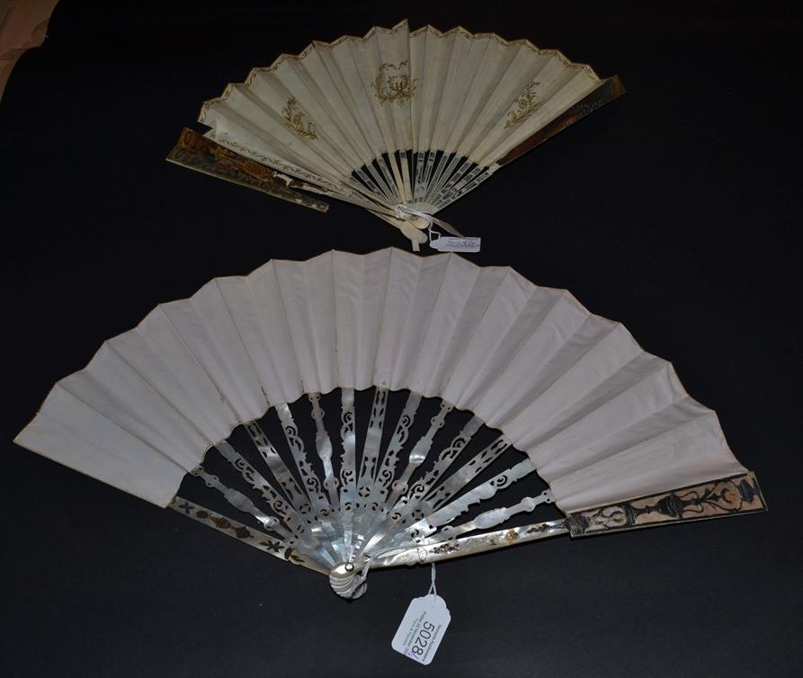 A Good Mid-18th Century Ivory Fan, the monture of white mother-of-pearl, silvered and gilded. The - Image 2 of 2