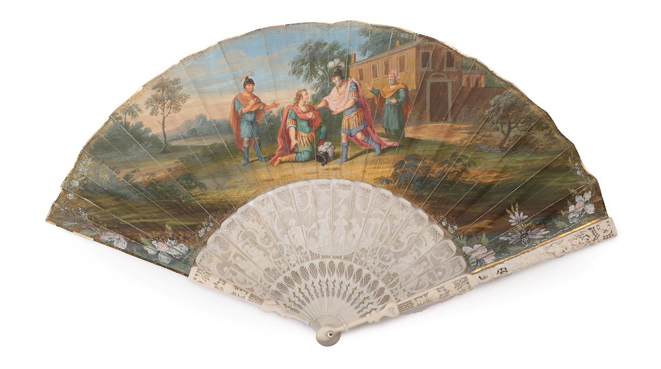 An 18th Century Ivory Fan, the skin leaf mounted à l'Anglaise and painted with a scene of a son