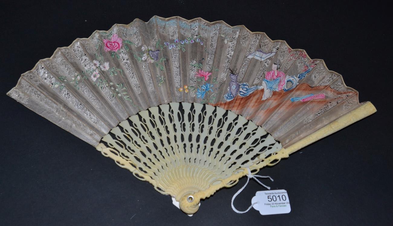 A Good 18th Century Ivory Fan with detailed and complex carving to the monture. Slender, the head