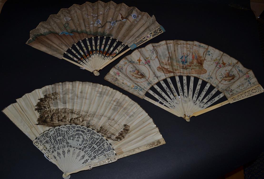 Three 18th Century Ivory Fans, to include an unusual example with recto/verso painted on vellum en