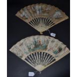 An 18th Century Ivory Fan, the vellum leaf mounted à L'Anglaise, the upper guards carved with a