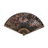 An Unusual Chinese Painted Brisé Fan, Qing Dynasty, circa 1840, black lacquer on wood, the recto