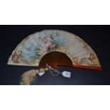 A Very Pretty Painted Fan, circa 1910, the monture of blond tortoiseshell and the upper guard fitted