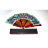 A Circa 1840's Chinese Mandarin Fan, Qing Dynasty, the double paper leaf mounted on wood sticks, the