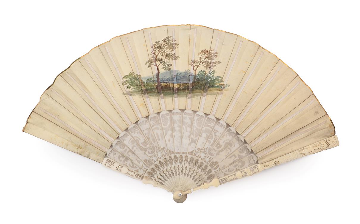 An 18th Century Ivory Fan, the skin leaf mounted à l'Anglaise and painted with a scene of a son - Image 2 of 8