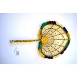 Mica Fan, India, a fixed fan or face screen, the bamboo handle gilded. The paddle-shaped screen is