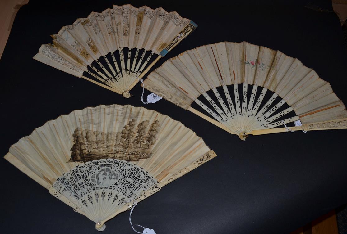 Three 18th Century Ivory Fans, to include an unusual example with recto/verso painted on vellum en - Image 2 of 2