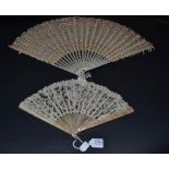 Two Late 19th/Early 20th Century Fans, the first a small pink mother-of-pearl example, a Brussels/