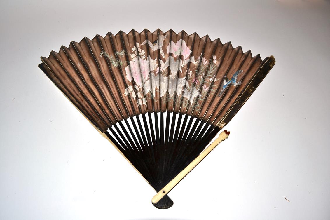 Japan: A Bone Fan with double paper leaf, the recto painted with a spray of pastel blooms in full - Image 4 of 5