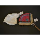 A 19th Century Quilted Silk Child's Cap, the background of cerise, with turquoise silk ribbon