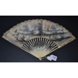 A Circa 1730 Ivory Fan, the vellum leaf a l'Anglaise and painted in gouache en grisaille, showing