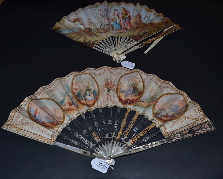 A Good Mid-18th Century Ivory Fan, the monture of white mother-of-pearl, silvered and gilded. The