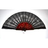 A Good Tortoiseshell and Black Bobbin Lace Fan, late 19th century, the monture with foliate