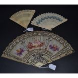 A Regency Fan with ivory monture, very elaborately decorated. The shaped gorge sticks are