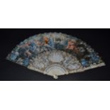 A Fine Late 18th Century Ivory Fan with painted leaf, the monture elaborately carved. The guards,