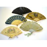 Five Fans, two with sequins and two in Palmette or Jenny Lind form. To include a fine circa 1900-