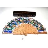 A Boxed Chinese Canton Carved Sandalwood Mandarin Fan, Qing Dynasty, circa 1840's, the monture
