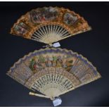 A Mid-19th Century Fan with lithographed leaf, the central scene featuring a village dance, the