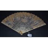 A Mid-18th Century Ivory Fan, the upper guards carved and pierced with a bird amidst foliage, the