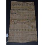 An Interesting English Silk Embroidered Band Sampler worked on fine linen and dated 1726, by ''Maria