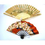 A Late 19th Century Japanese Fan, Ogi, the monture of ivory, painted with various colours of