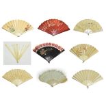 A Selection of Large Late 19th Century Fans, to include: a good cream silk satin folding fan mounted