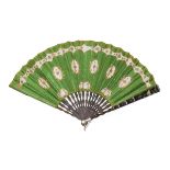 A Lime Green Silk Fan, circa 1900, with net insertions and sequins embroidered throughout, mounted