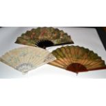 Three 19th and 20th Century Fans, to include: A large fan with fabric leaf mounted on plain