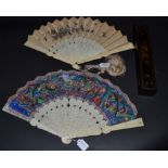 A 19th Century Chinese Carved Ivory Mandarin Fan, Qing Dynasty, the guards deeply carved with