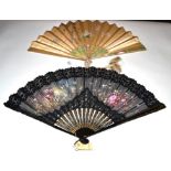 A Pretty Circa 1880's Fan with beige silk-satin leaf painted with a singing robin on a bough with