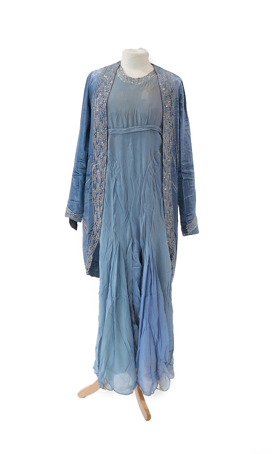 Circa 1920s Pale Blue Chiffon and Velvet Evening Outfit, comprising a sleeveless chiffon dress