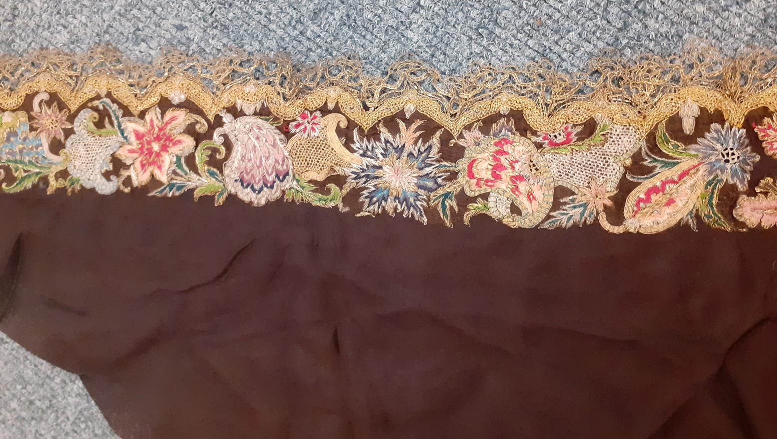 Mid 18th Century German Fichu of brown silk embroidered with silk and metal threads in a floral - Bild 3 aus 10