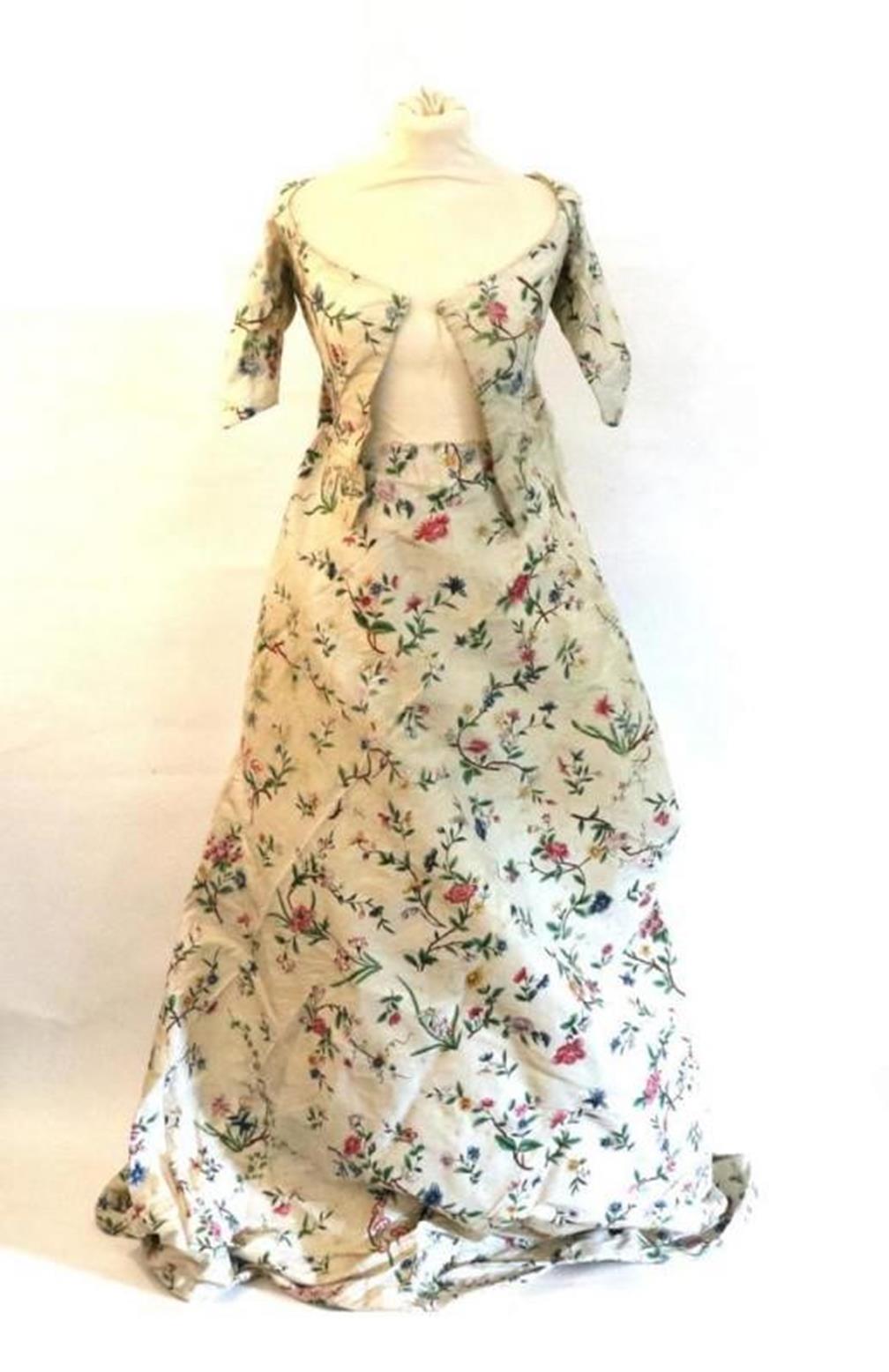 Late 18th Century Dress made from Chinese cream silk and hand painted for the Western market, with