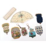 Assorted 19th Century Decorative Small Purses, comprising a cream, green and pink floral woven purse