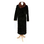 Chloe 1930s Style Black Moleskin Long Coat with Fox Trimmed Collar. 40'' bust, 47'' long and 16''