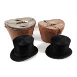 Bond Street Black Silk Top Hat in Leather Hat Case, with faded red velvet lining; another London