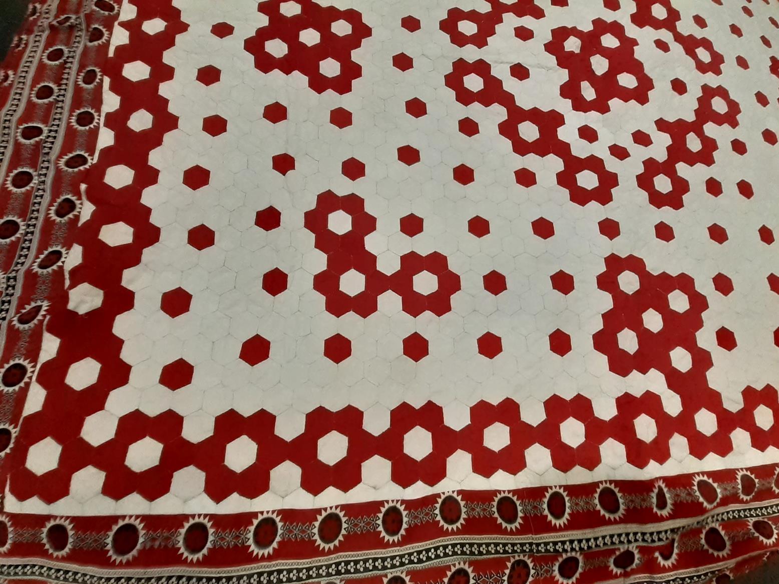 Late 19th Century Red and White Hexagonal Patchwork Quilt, within a red, black and white stripped - Image 4 of 5