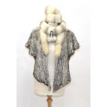 White and Black Cross Mink Knitted Bolero with fox trimmed collar and capped sleeves; White Mink Hat
