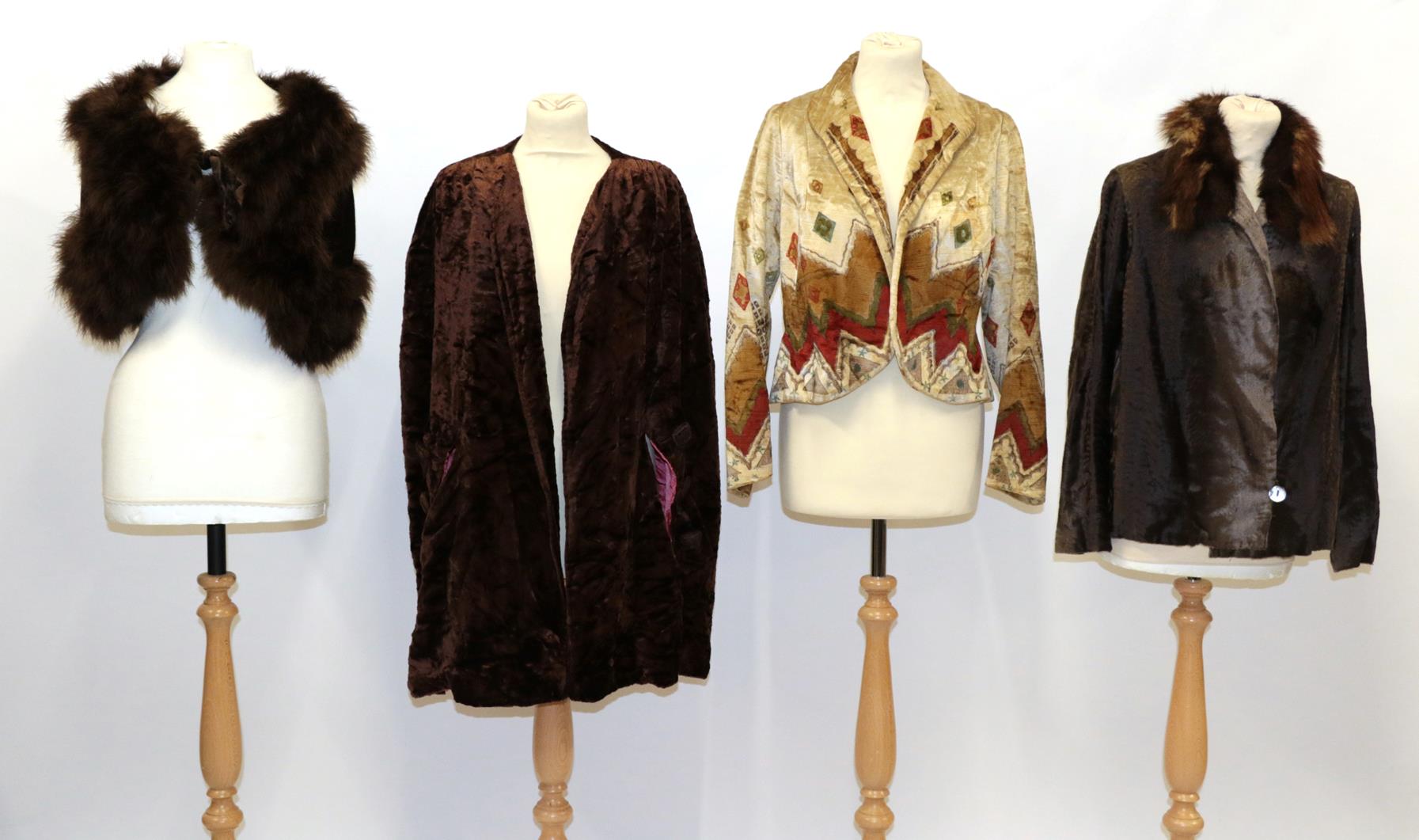 Circa 1920s/30s Evening Jackets, comprising Jay's London brown velvet capelet with pink silk