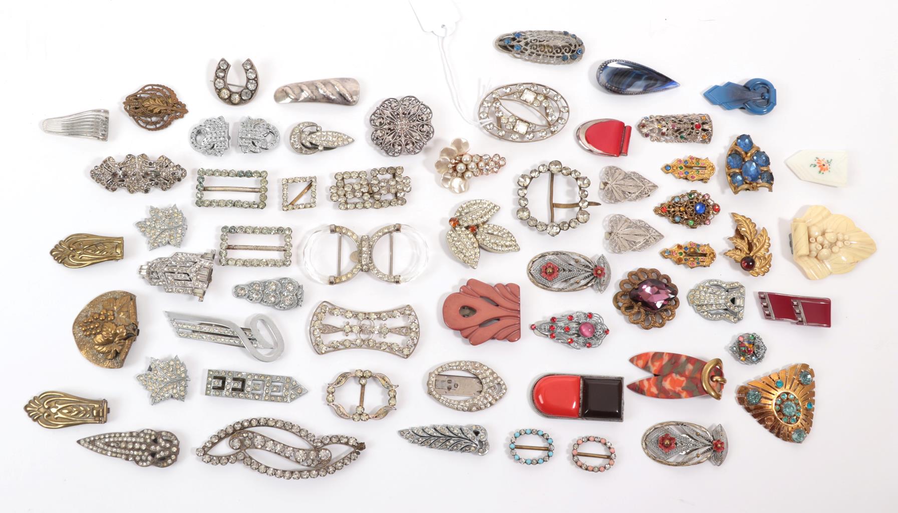 Assorted Circa 1930s and Later Dress Clips, Belt Buckles, including gilt metal, white metal,