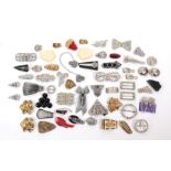 Assorted Circa 1930s and Later Dress Clips, Belt Buckles including gilt metal, white metal, glass