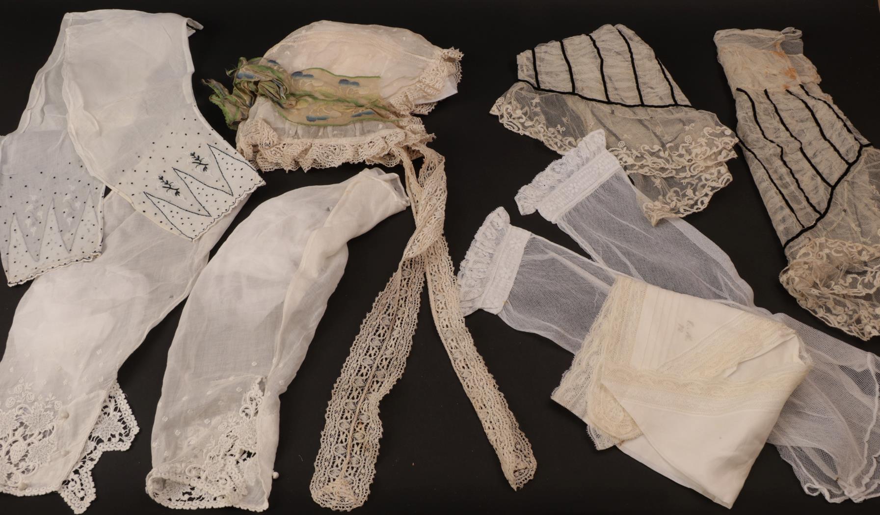 Assorted 19th Century Costume Accessories, including a pair of white net lower sleeves with lace