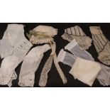 Assorted 19th Century Costume Accessories, including a pair of white net lower sleeves with lace
