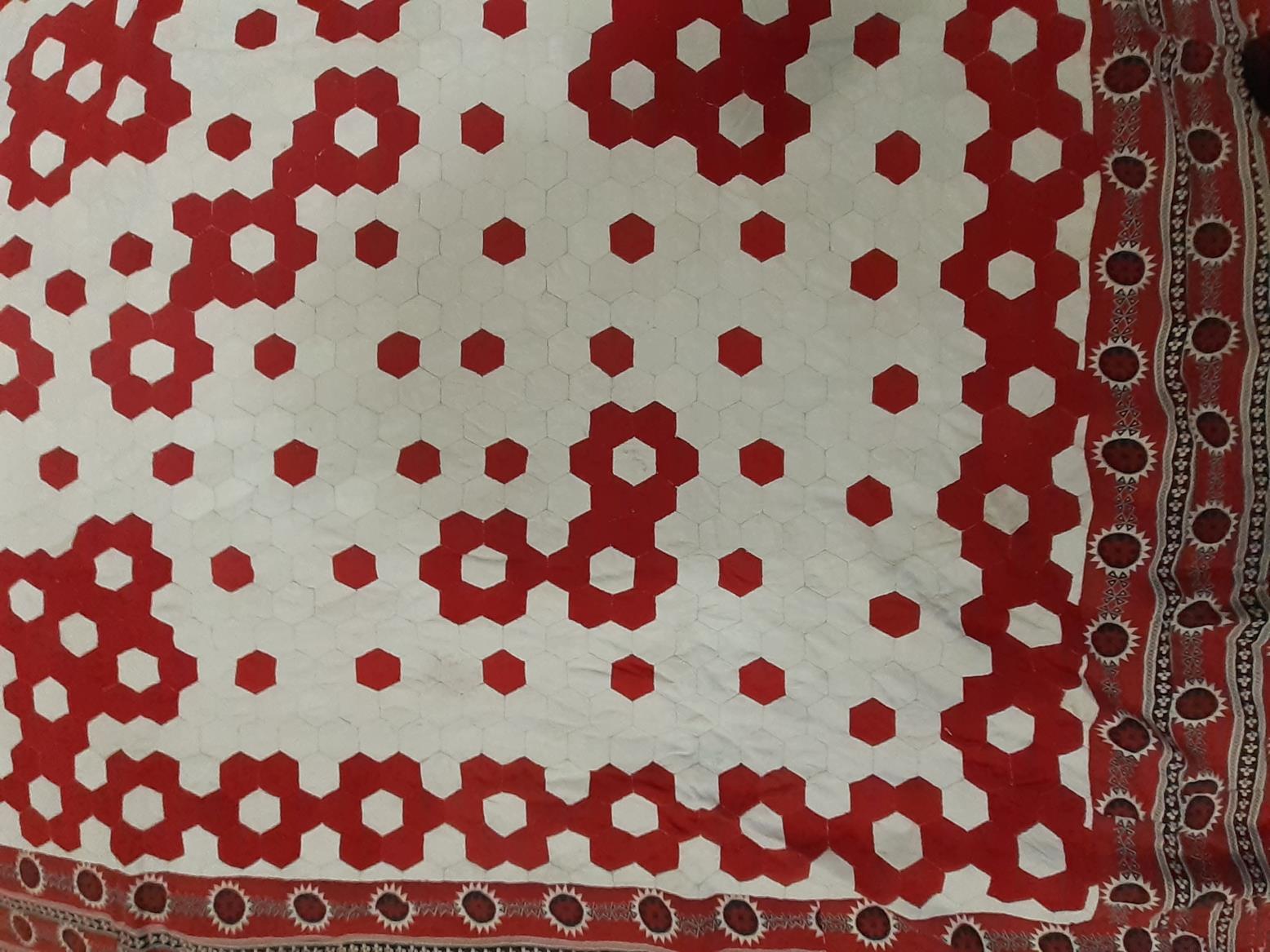 Late 19th Century Red and White Hexagonal Patchwork Quilt, within a red, black and white stripped - Image 3 of 5