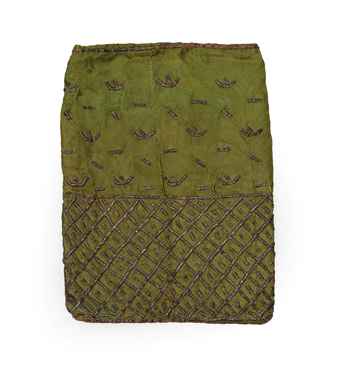 An 18th Century Green Figured Silk Reticule, woven with silver threads in a trellis design to the