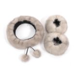 Light Grey Mink Head Band, elasticated with pom pom drops, and a Pair of Matching Cuffs (3). Unworn