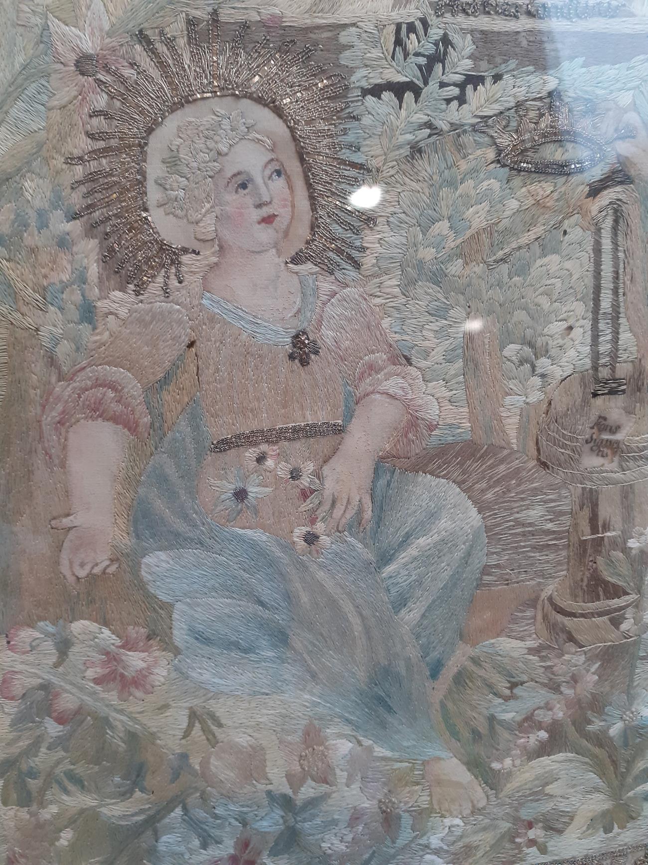 19th Century Ecclesiastical Silk Embroidered Picture, worked on a cream silk ground depicting two - Bild 5 aus 15